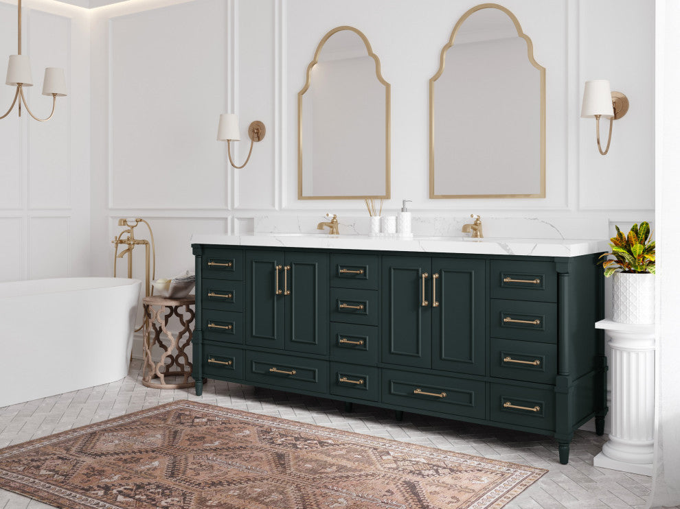 Aberdeen 84 Double Sink Bath Vanity in Dark Forest Green 2" Calacatta Laza