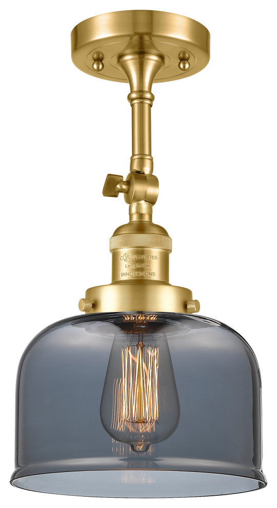 Large Bell 1 Light Semi-Flush Mount, Satin Gold, Plated Smoke