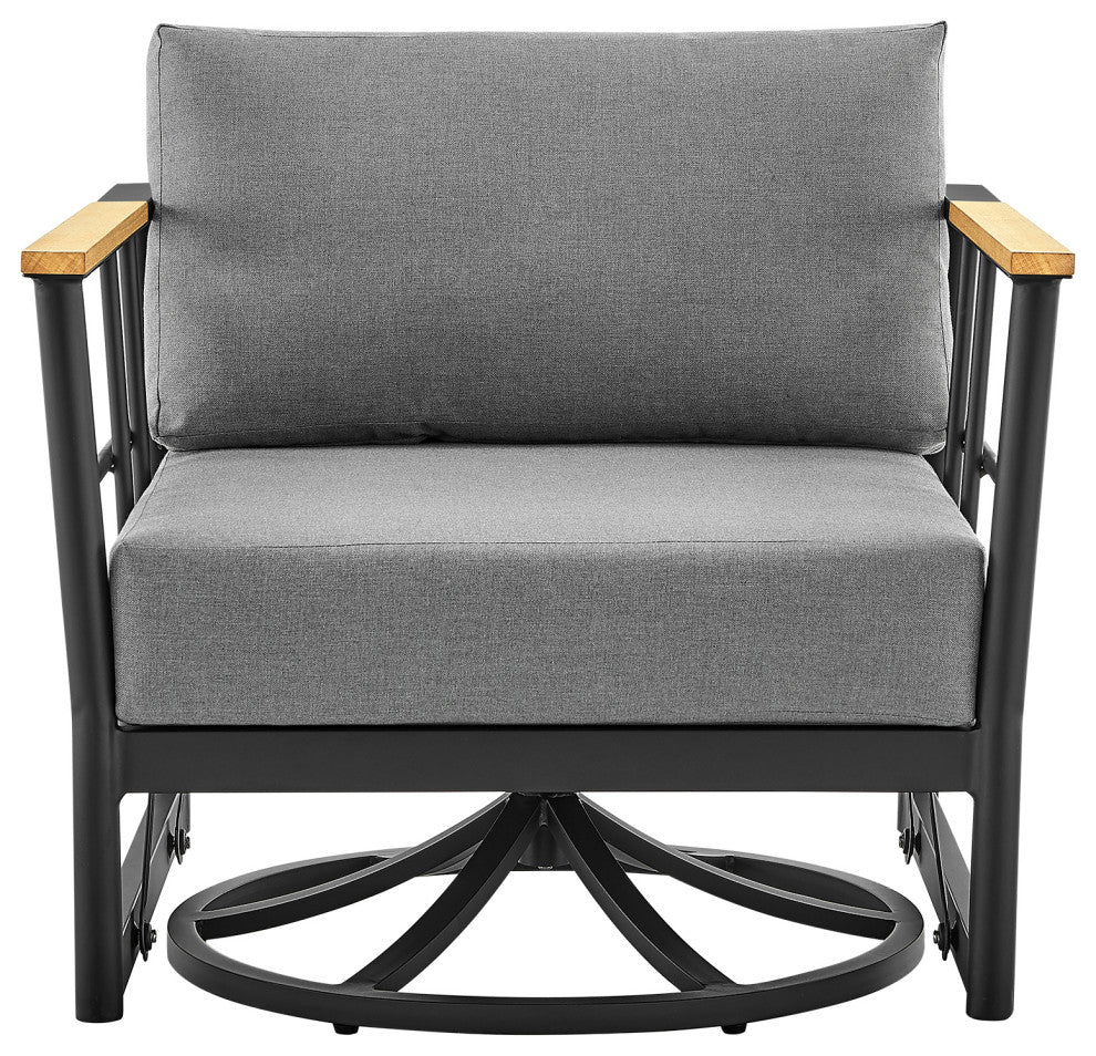 Shari Patio Swivel Glider Lounge Chair in Black Aluminum and Teak Wood