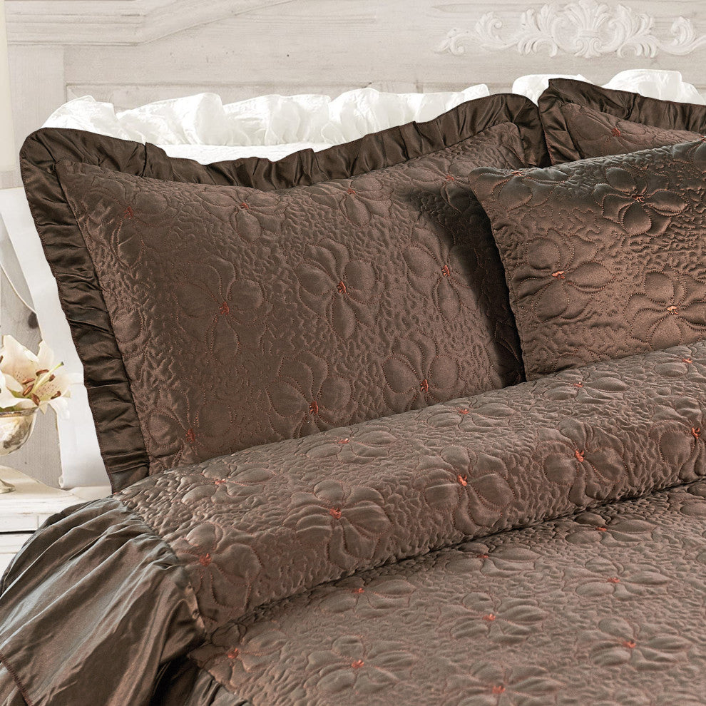 Matte Satin Ruffle 4 Piece Bed Spread Set, Chocolate, King