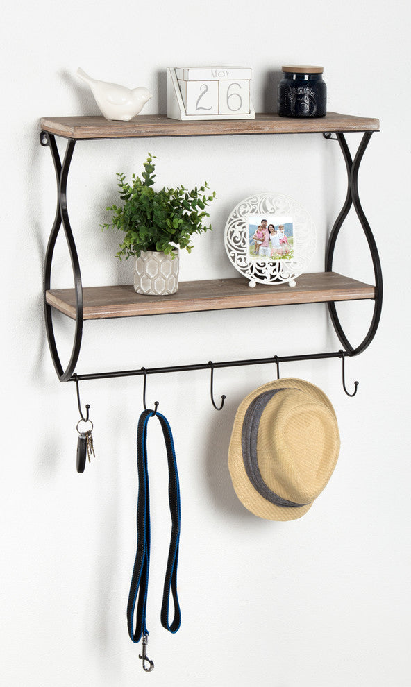 Spurling Wood and Metal Floating Wall Shelf With Hooks