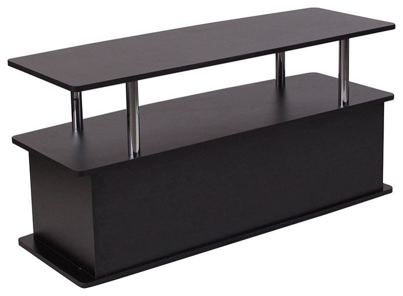 Evanston Black TV Stand With Shelves, Cabinet and Stainless Steel Tubing