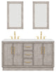 60 Double Sink White Marble Vanity, Gray Oak With Gooseneck Faucets and Mirrors