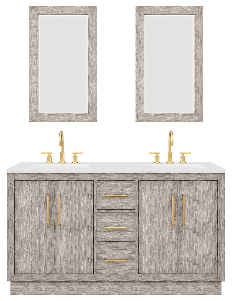60 Double Sink White Marble Vanity, Gray Oak With Gooseneck Faucets and Mirrors
