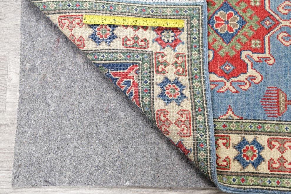Kazak Oriental Hand Made Pakistani Traditional Wool Runner Rug, Blue, 9'9"X2'9"