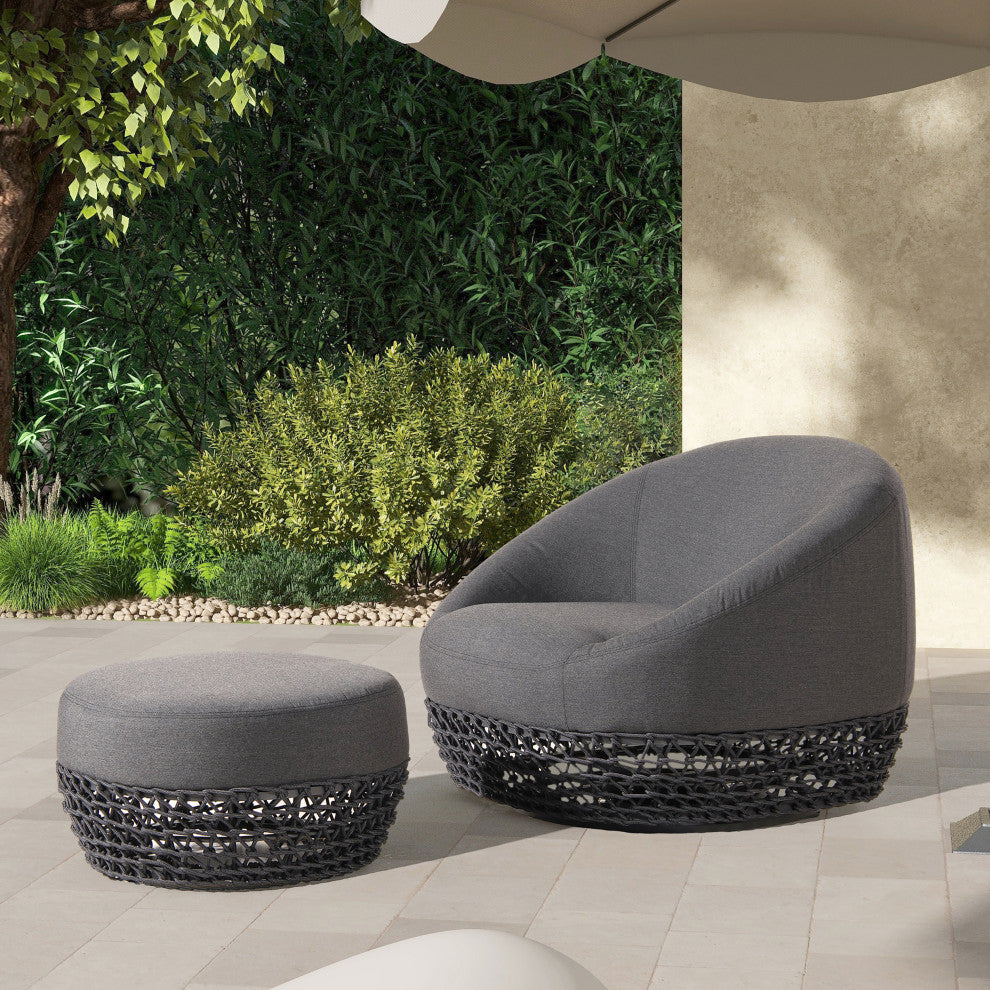 Willow 25" Outdoor Ottoman with Rope Details, Graphite Gray-Black Sunbrella Acrylic