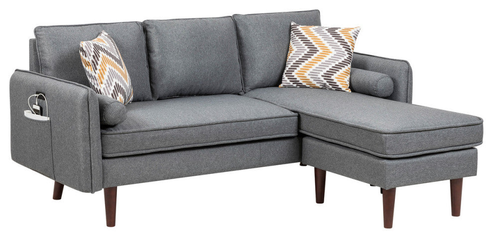 Mia Gray Linen Fabric Sectional Sofa Chaise With USB Charger and Pillows