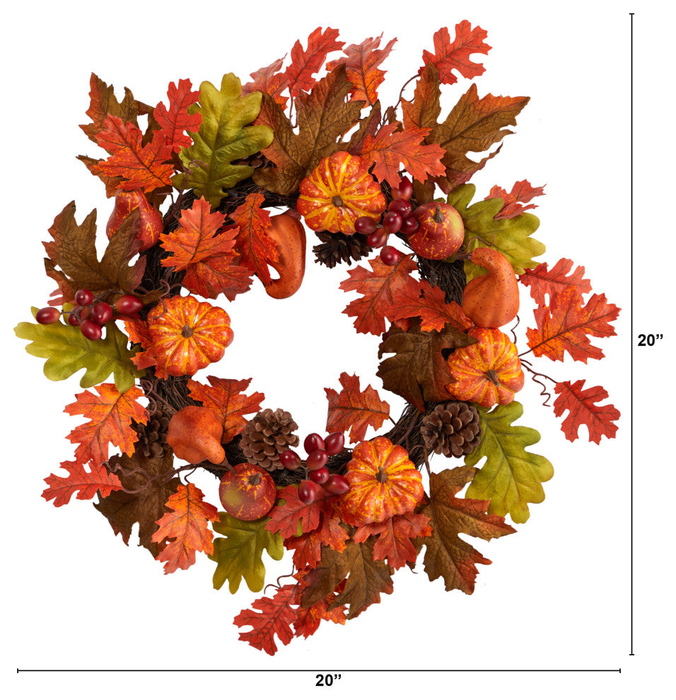 20" Autumn Assorted Maple Leaf, Pumpkin Gourd, Pinecone & Berry Faux Fall Wreath