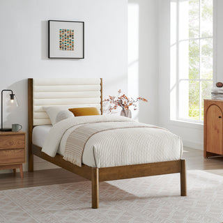 Olea Channel Tufted Boucle Solid Wood Twin Platform Bed, Feather Walnut