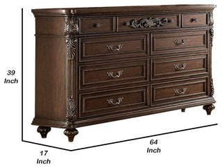 Nine Drawers Wooden Dresser With Molded Details, Brown