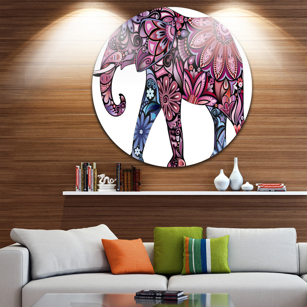 Purple Cheerful Elephant, Animal Digital Art Round Wall Art, 36"