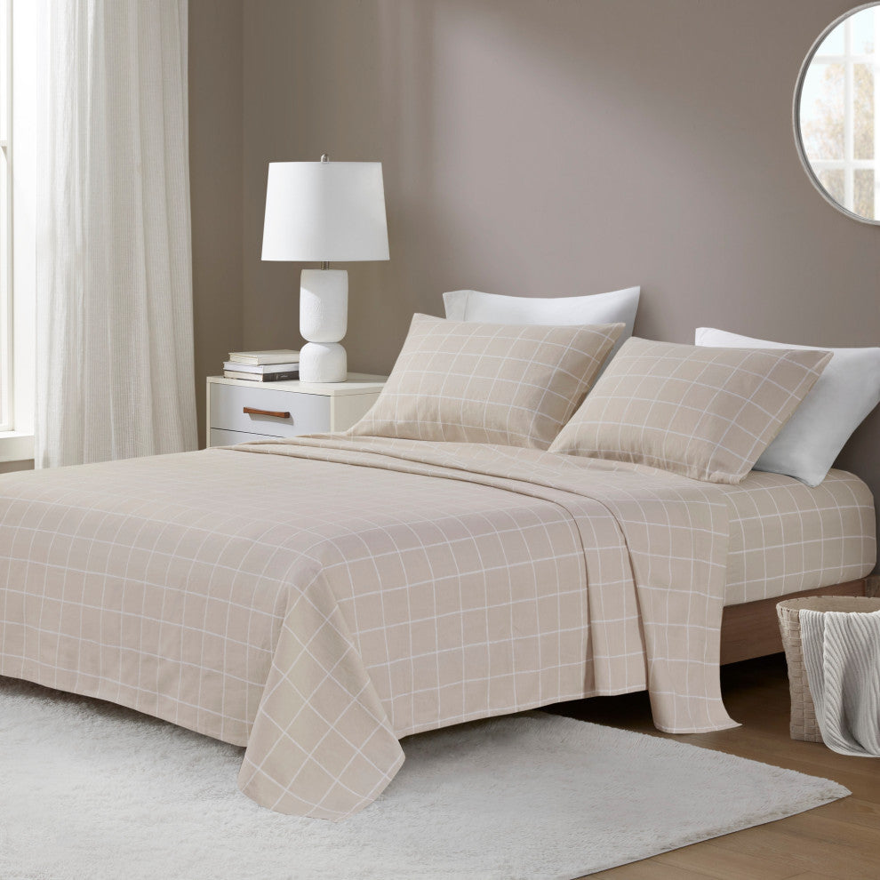 Beautyrest Oversized Flannel 4 Piece Sheet Set, Beige Windowpane
