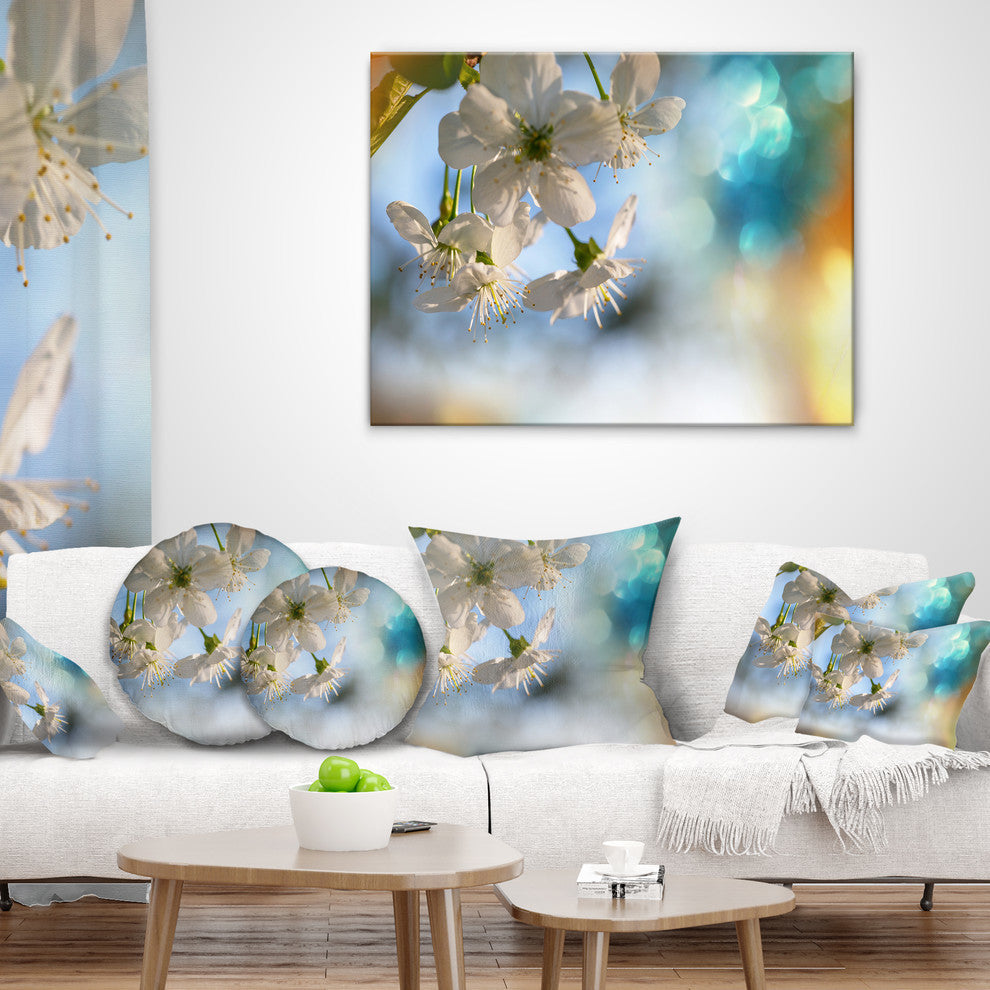 White Blossoming Cherry Tree Floral Throw Pillow, 16"x16"