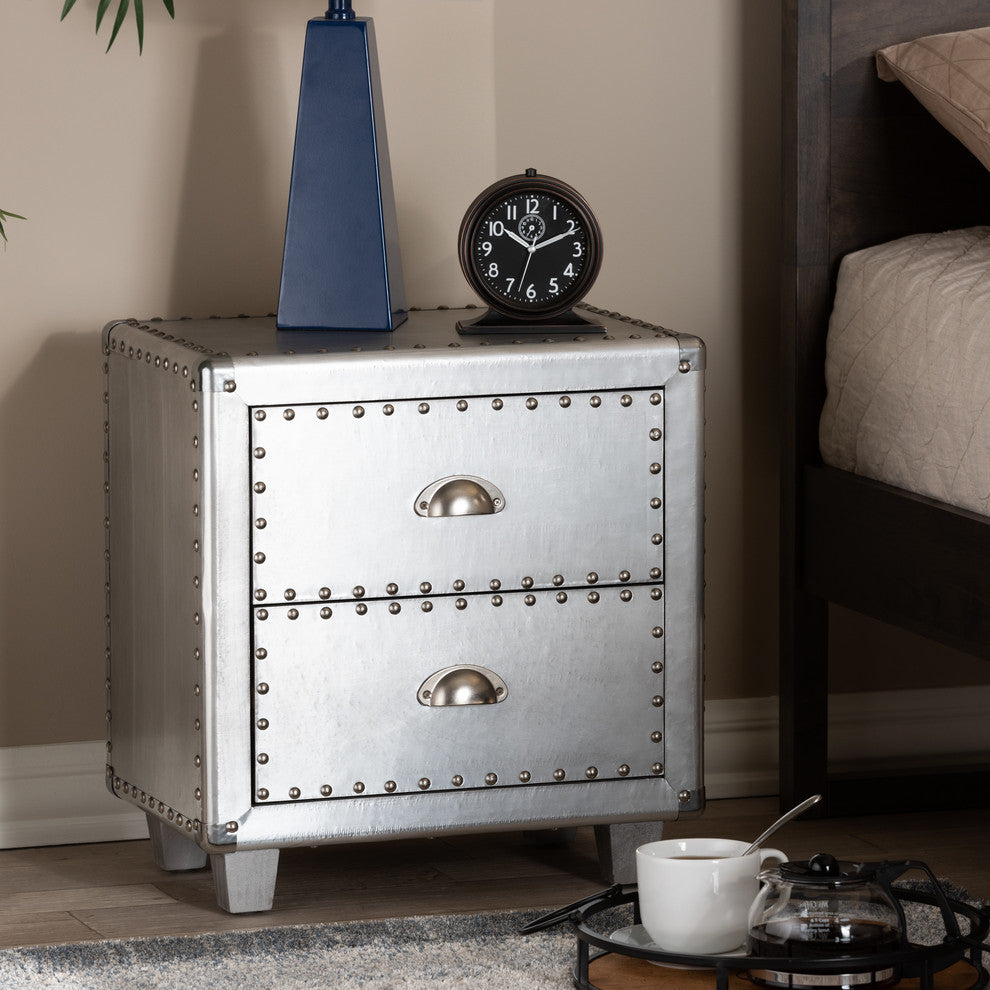 Natalie French Industrial Silver Metal 2-Drawer Nightstand
