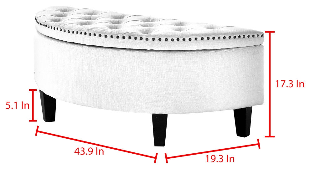 Laura Linen Button Tufted Nailhead Trim Half Moon Storage Ottoman, Light Grey