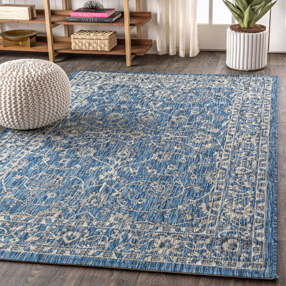 Palazzo Vine and Border Textured Weave Indoor and Outdoor Area Rug, Navy and Gra