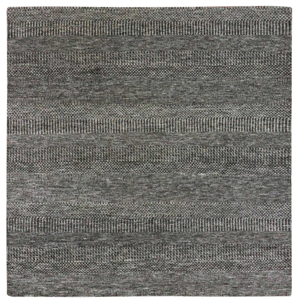 Gray Undyed Pure Wool Modern Grass Design Hand Knotted Square Rug, 5'11"x6'1"