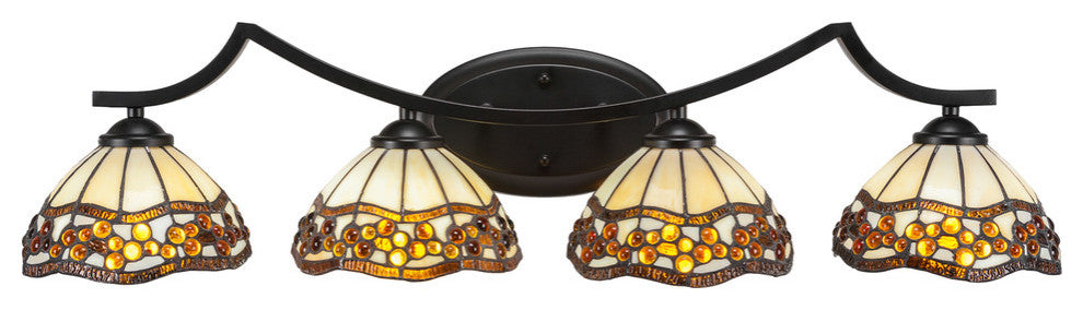 Zilo 4 Light Bath Bar, Matte Black Finish, 7" Roman Jewel Tiffany Glass