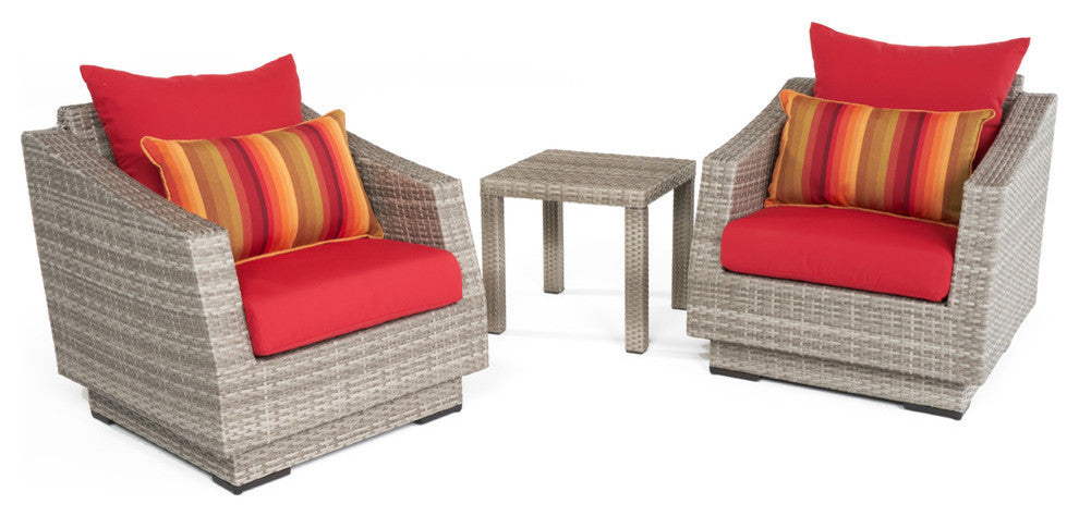 Cannes 3 Piece Sunbrella Outdoor Club Chairs and Side Table Set, Sunset Red