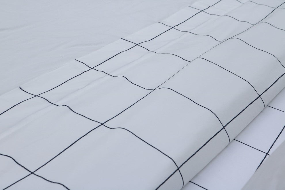 Navy On White Window Pane Printed Sheet Set, 100% Cotton Matte Sateen
