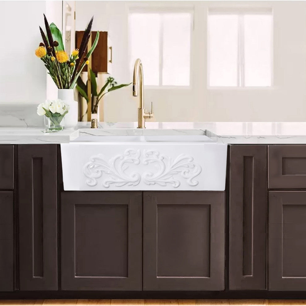 Nantucket Sinks FCFS3318D-Filigree 33 in. Double Bowl Farmhouse Fireclay Sink
