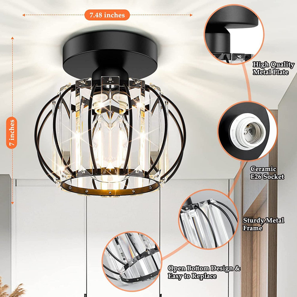 Semi Flush Mount Lamp, Farmhouse, Crystal Black Cage, 2 Pack