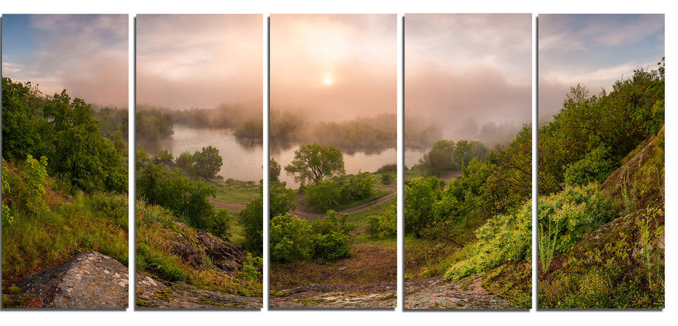 "Rising Above the River Mist" Landscape Photo Wall Art, 5 Panels, 60"x28"