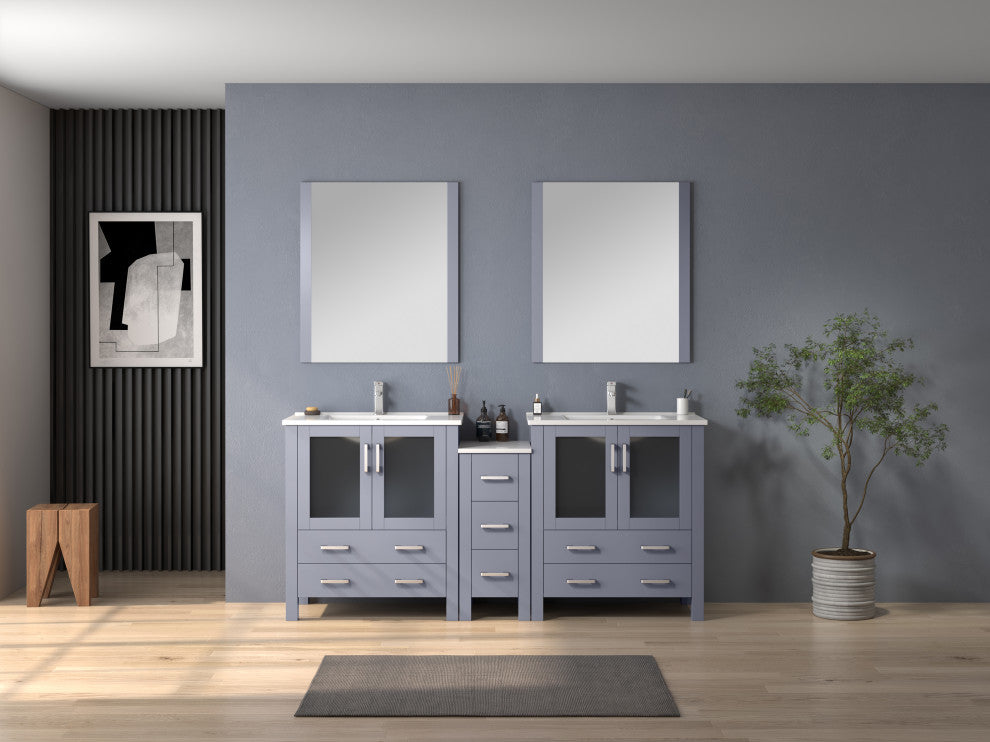 Lexora Volez 72" Vanity Cabinet, Dark Gray, Top, Mirror, 4 Doors 7 Drawers
