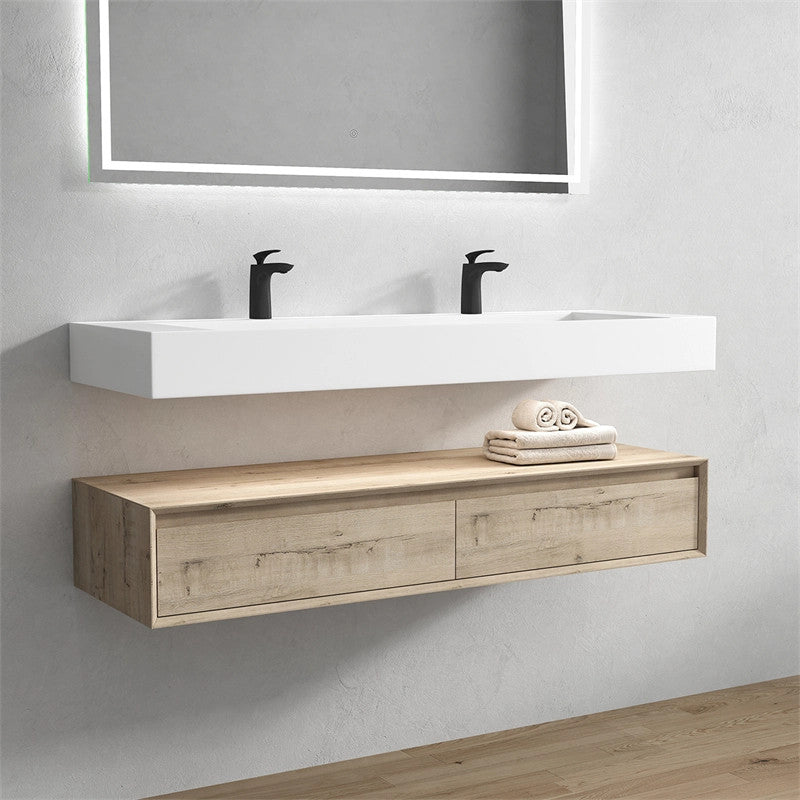 Alysa 60'' Floating Vanity, Acrylic Sink, Double Faucet Hole, Light White Oak