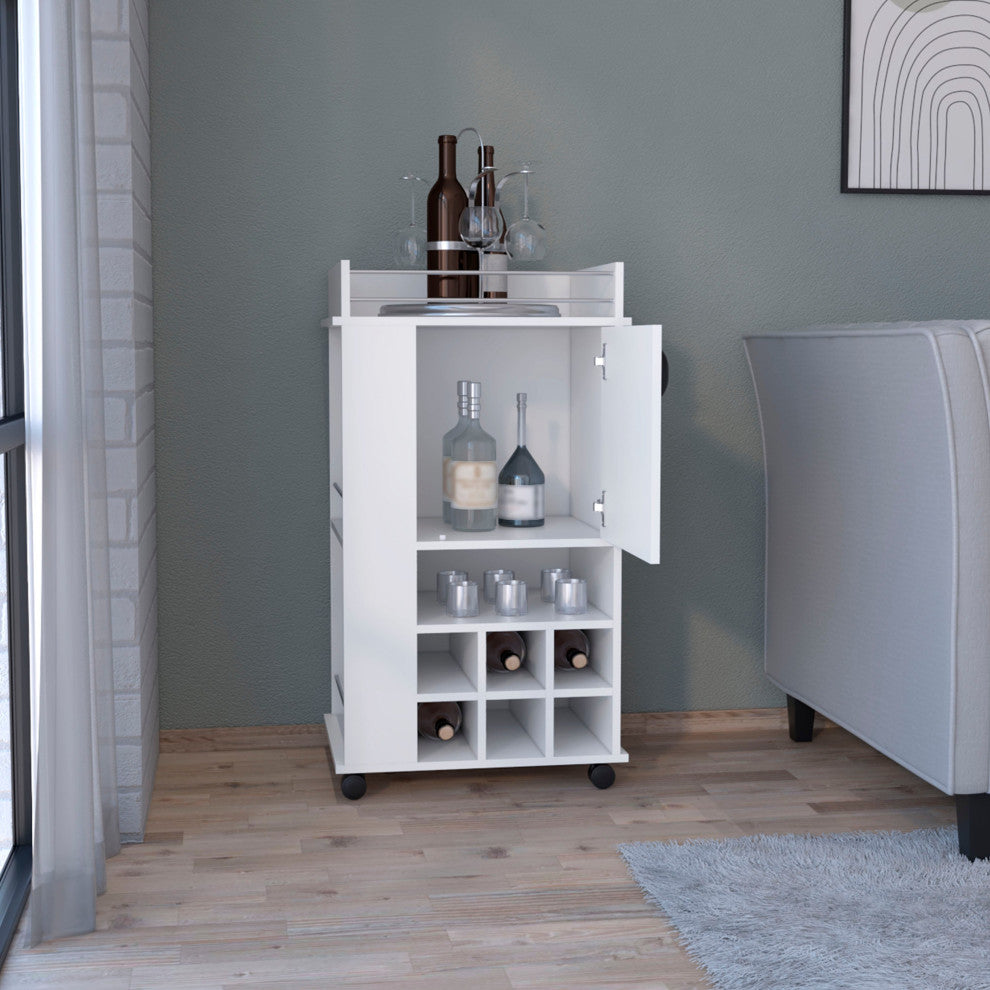DEPOT E-SHOP Fraser Bar Cart with 6 Built-in Wine Racks and Single-Door Cabinet