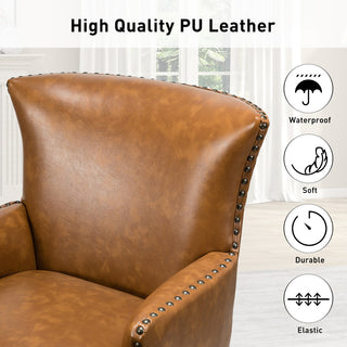 Classic Wooden Upholstered Leather Armchair, Camel
