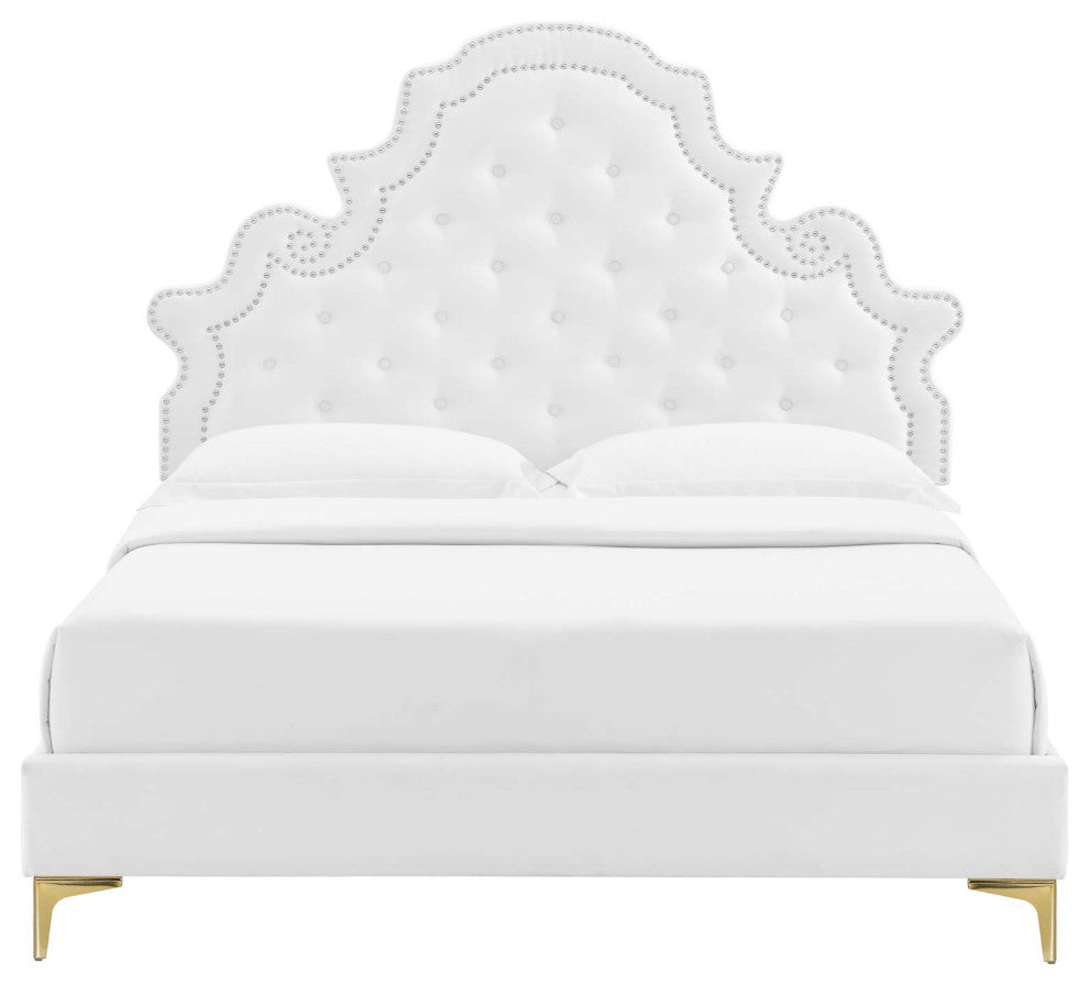 Tufted Platform Bed Frame, King Size, Velvet, White, Modern Contemporary
