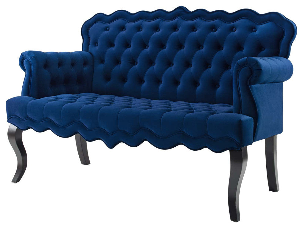 Modern Designer Lounge Loveseat Settee Sofa, Velvet Fabric, Navy Blue