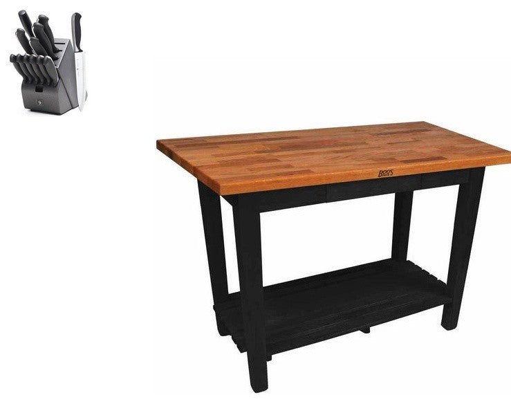 John Boos Oak Classic Country Table 60x36 and Henckels Knife Set, Black Caviar, One Shelf, No Drawer, Casters