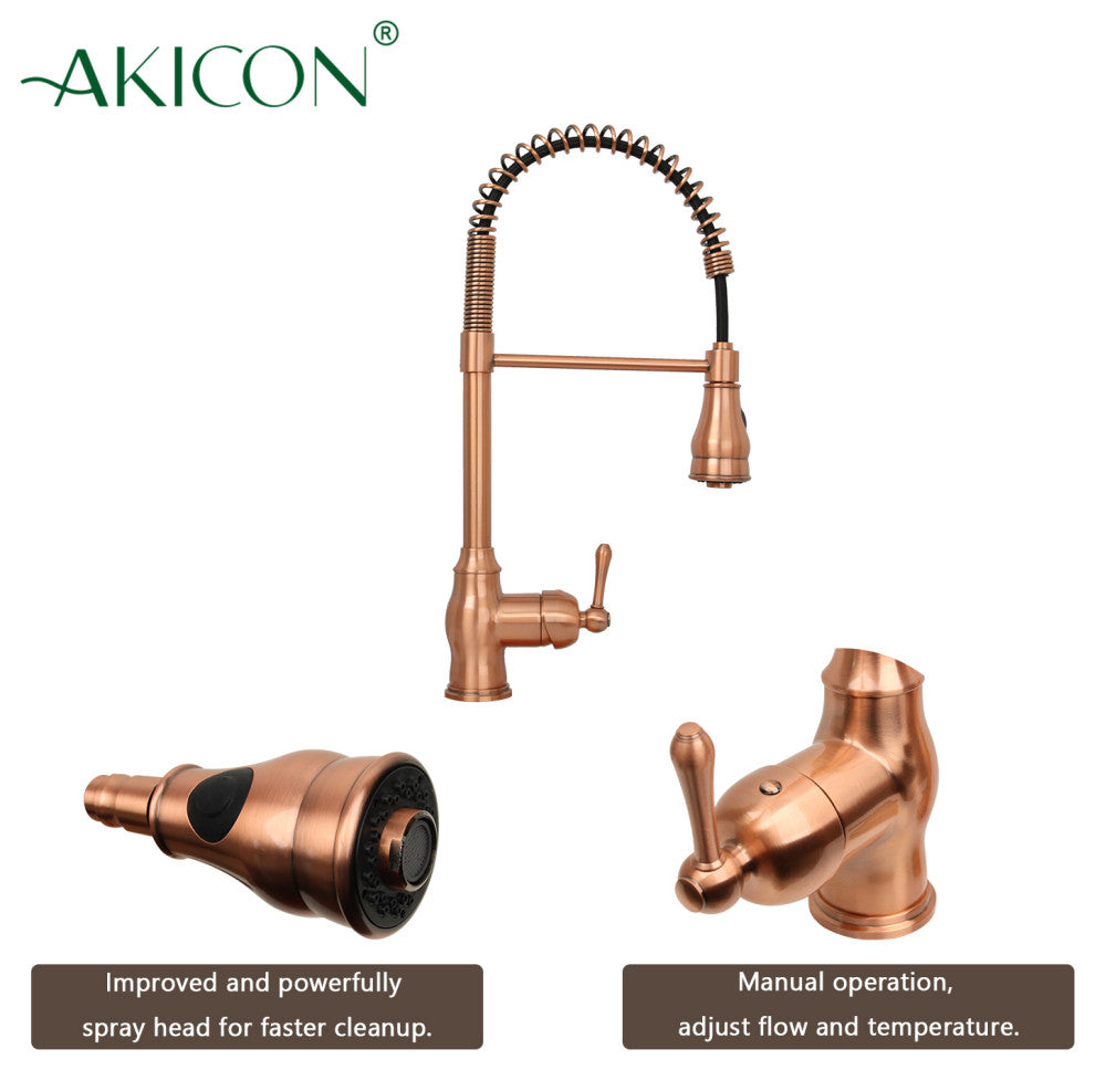 Copper Pre-Rinse Spring Kitchen Faucet with Pull Down Sprayer, Copper