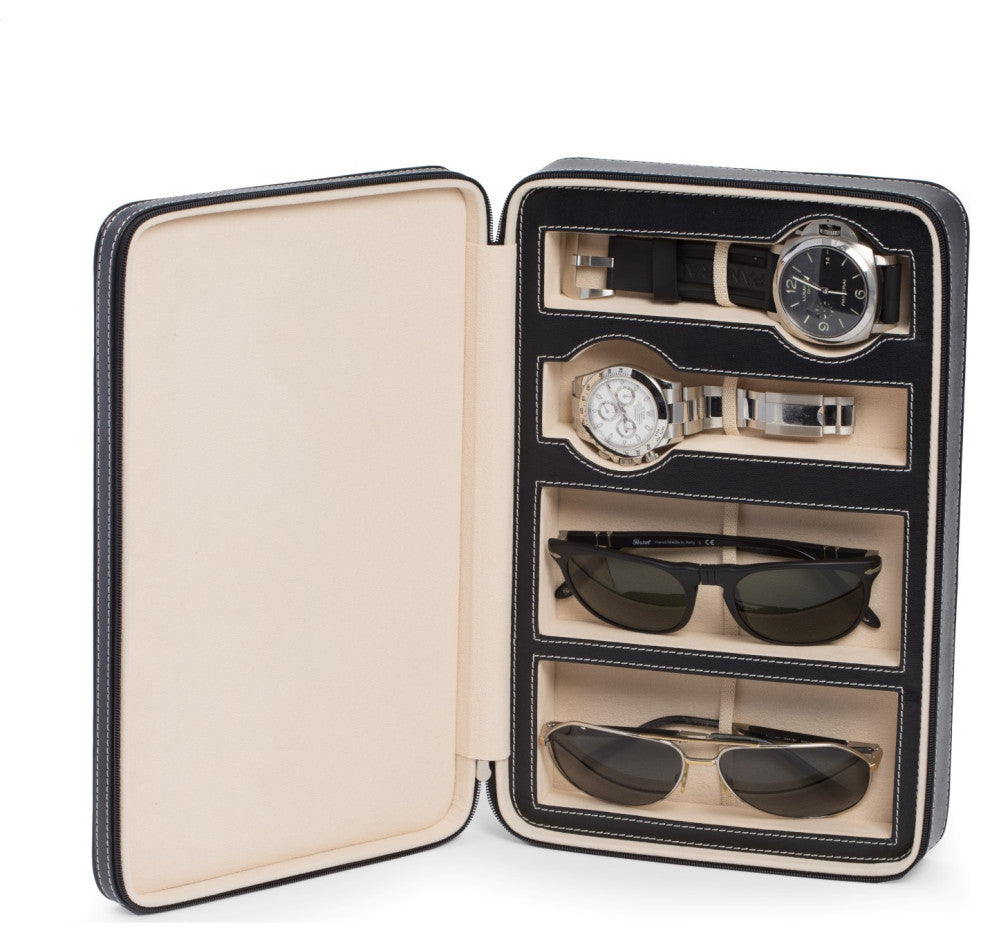 Black Leather Two Watch and Two Sunglass Travel Case, Zipper Closure