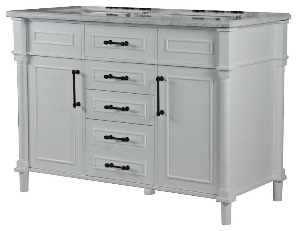 48" Double Vanity, White With White Carrara Marble Top