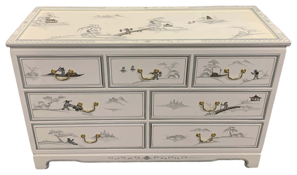 White Oriental Dresser With Hand Painted Mountain Scenery 48" W