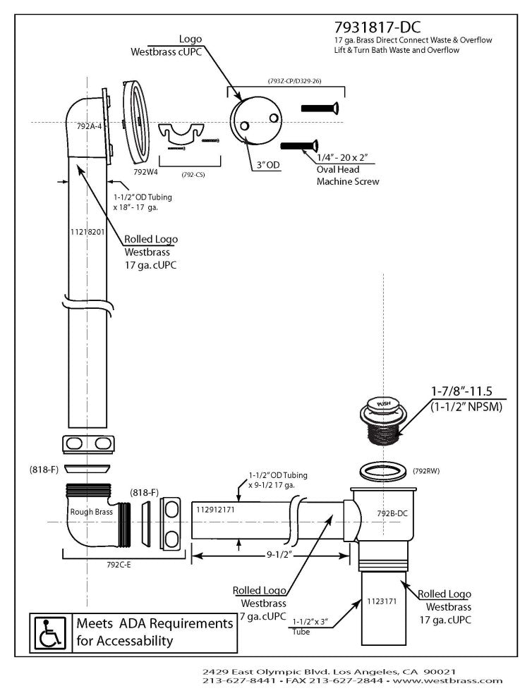 Direct Connect Overflow with Tip-Toe Trim and 2-Hole Overflow Cover, Polished Nickel
