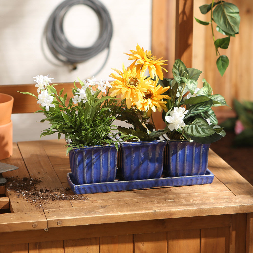 Blue Square Ceramic Small Planter (Set of 3)
