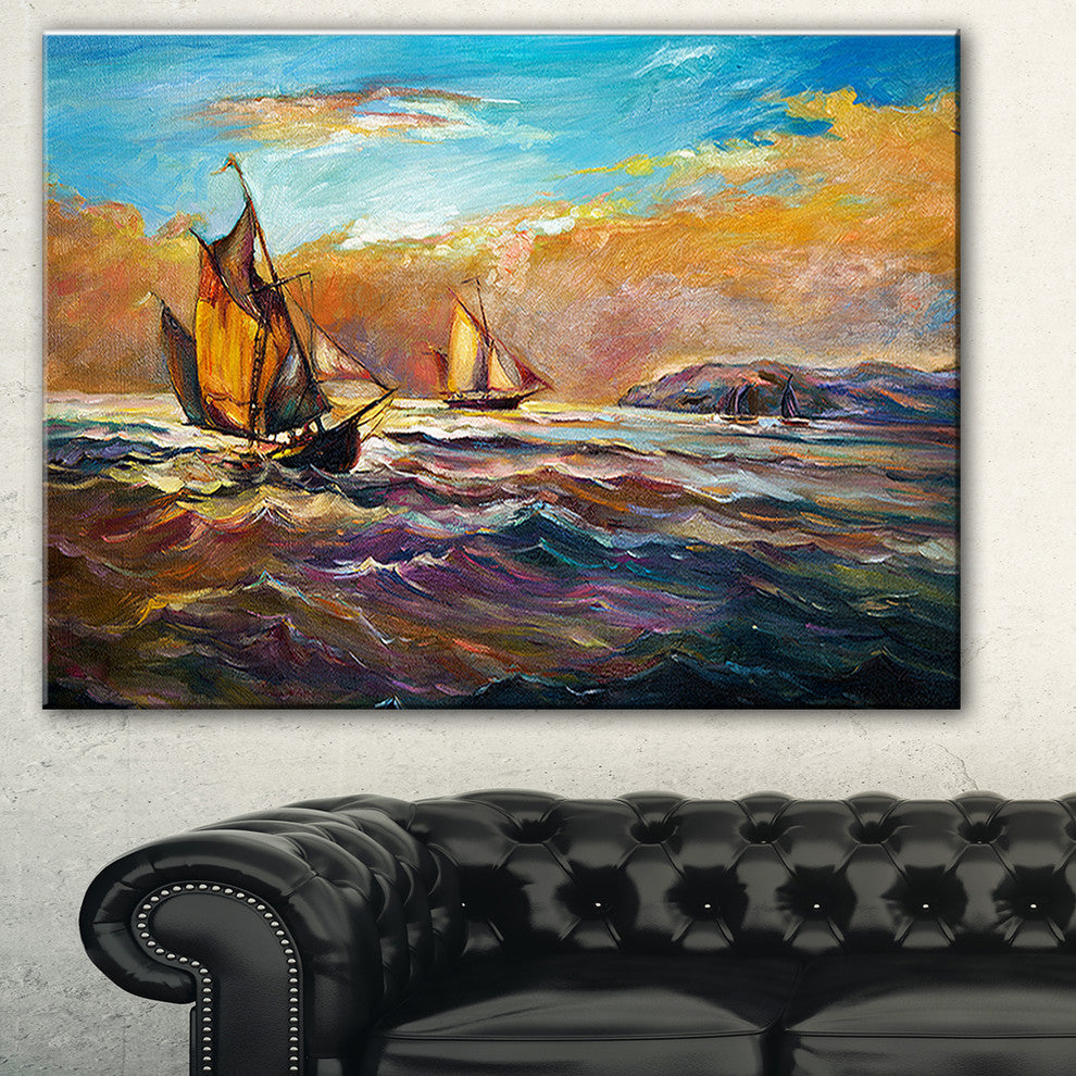 "Boats in Roaring Sea" Canvas Print