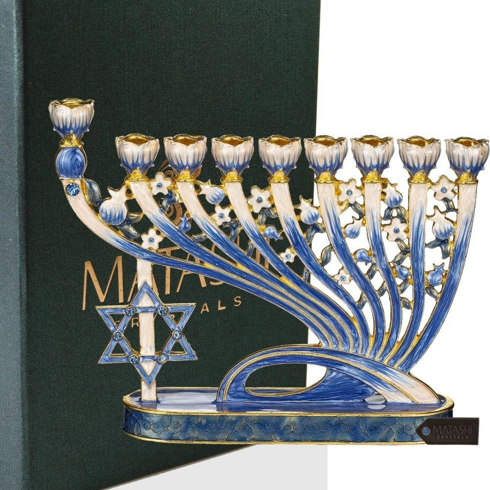 Hand Painted Blue Enamel Menorah Candelabra With Star of David