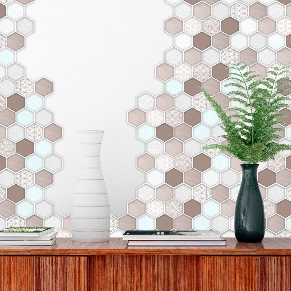 12"x6" Honey Hexa Brown Glossy 3D Tile Stickers, Set of 12