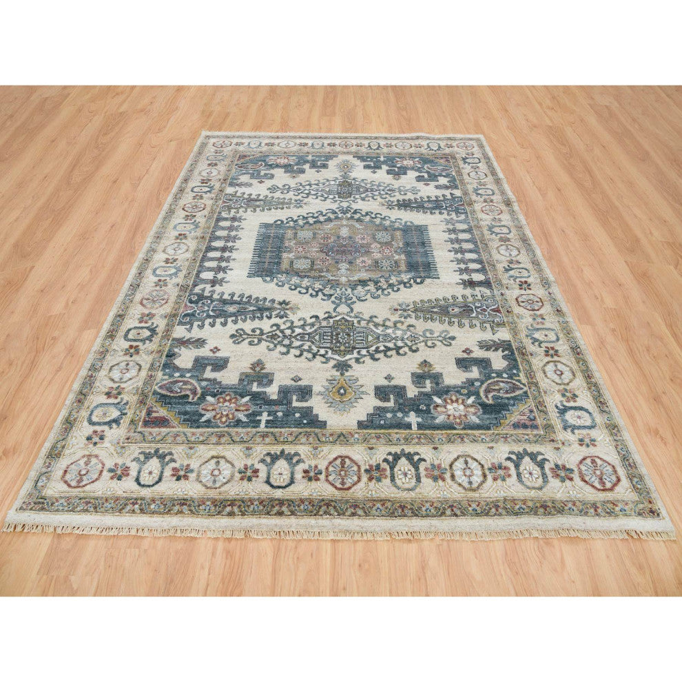 Ivory Hand Knotted Reimagined Persian Viss Design Wool Oriental Rug  7'9"x10'4"