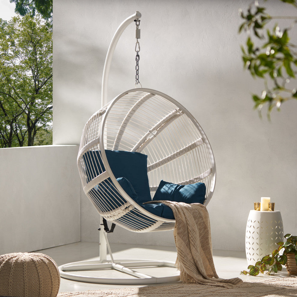 Ansonia Outdoor Rope Weave Hanging Chair With Stand, Darl Teal + White