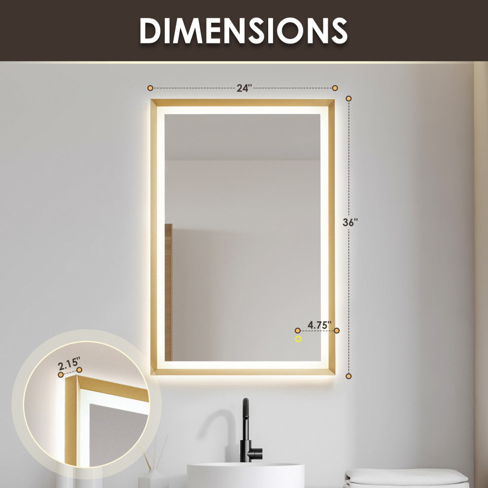 Apollo Anti-Fog Dimmable Vanity, LED Lighted Wall Mirror, Brushed Gold, 24"