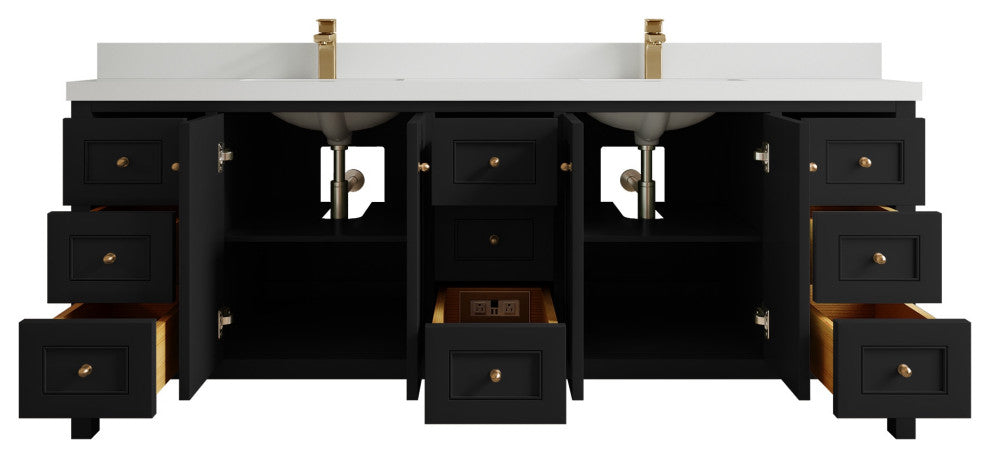 Nashville 84" Double Sink Bath Vanity, Black 2" White Quartz