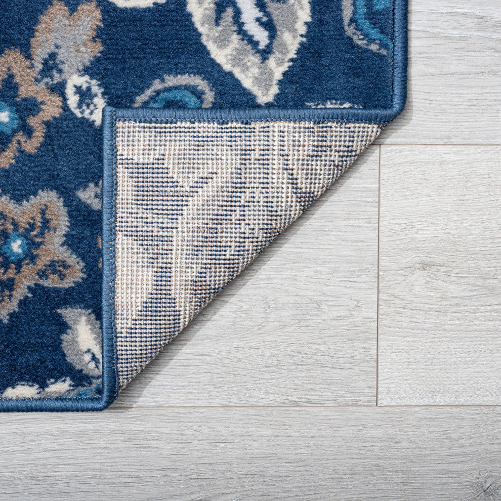 Stella Traditional Floral Dark Blue Runner Rug, 2'x7'