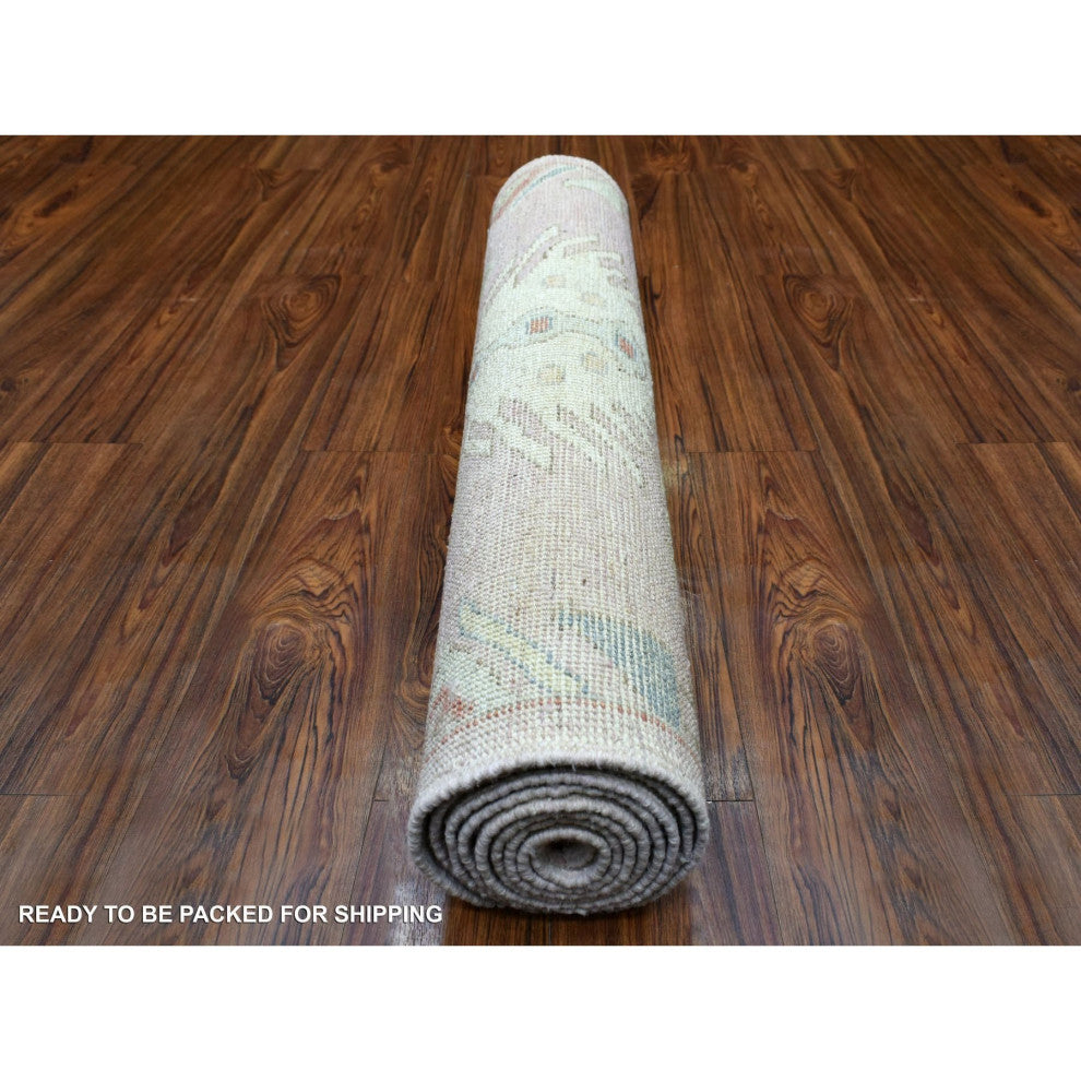 Anatolian Village Inspired Pure Wool Hand Knotted Pink Wide Runner Rug 3'4"x9'9"