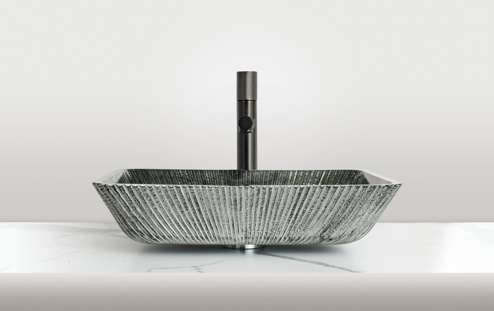 CastelloUSA Arete Rectangular Tempered Glass Vessel Sink Basin, Dark Green